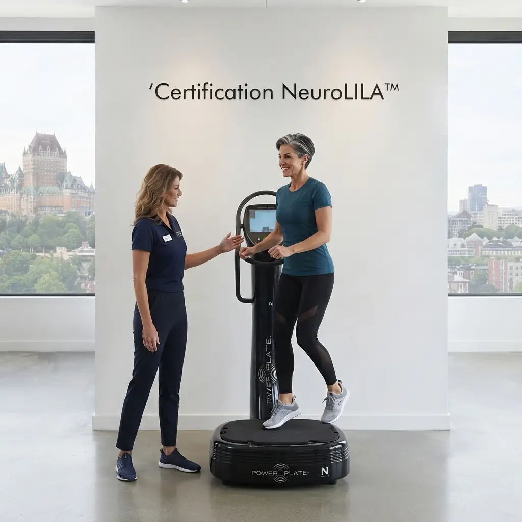 Démonstration de la Certification NeuroLILA™ sur une machine Power Plate®, avec une kinésiologue et une participante.