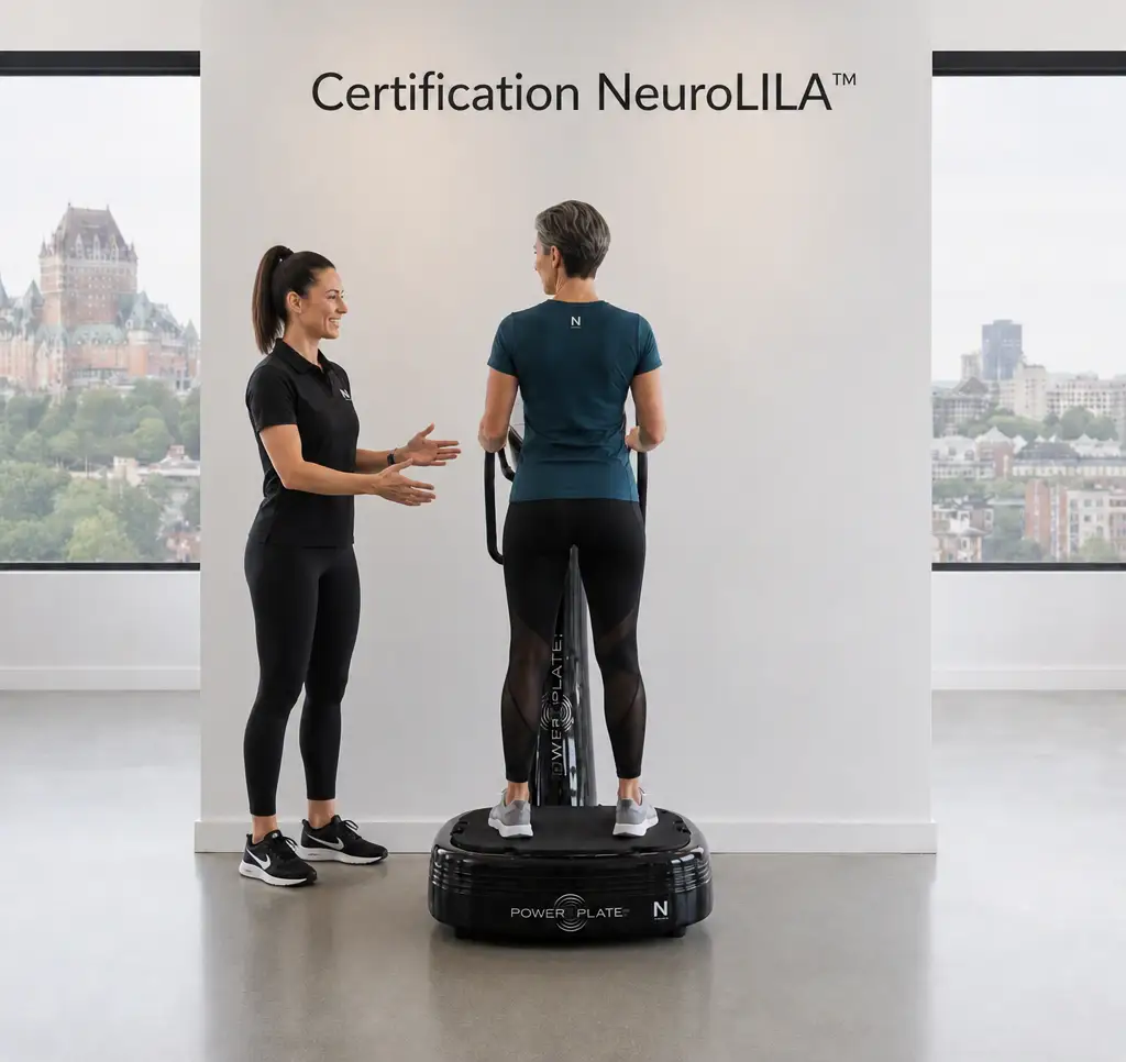 Démonstration de la Certification NeuroLILA™ sur une machine Power Plate®, avec une kinésiologue et une participante.